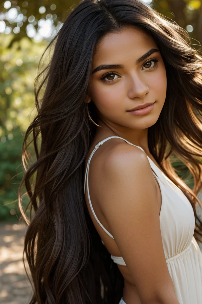 A photorealistic portrait of a 21-year-old colombian girl with long, flowing dark hair and striking dark eyes. She should have a natural, approachable expression and be illuminated by soft, golden-hour sunlight. The background should be a scenic outdoor setting, perhaps a sunlit park or beach. Capture this image with a high-resolution photograph using an 85mm lens for a flattering perspective.