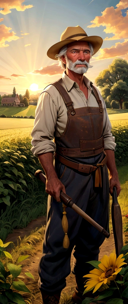 Sure, here is the revised prompt with a European name:

---

A small, picturesque village with lush green fields and quaint houses. In the middle of a field with golden crops swaying in the gentle breeze, a middle-aged farmer named Thomas stands. He has a weathered face and a kind expression, wearing simple, traditional European farming clothes. Thomas's eyes are deep-set, reflecting years of hard work, and his hands are calloused. He holds a farming tool. The sun is setting in the background, casting a warm, golden hue over the scene. Thomas's expression is one of contentment and dedication as he surveys his land, embodying the spirit of hard work and integrity.

---
