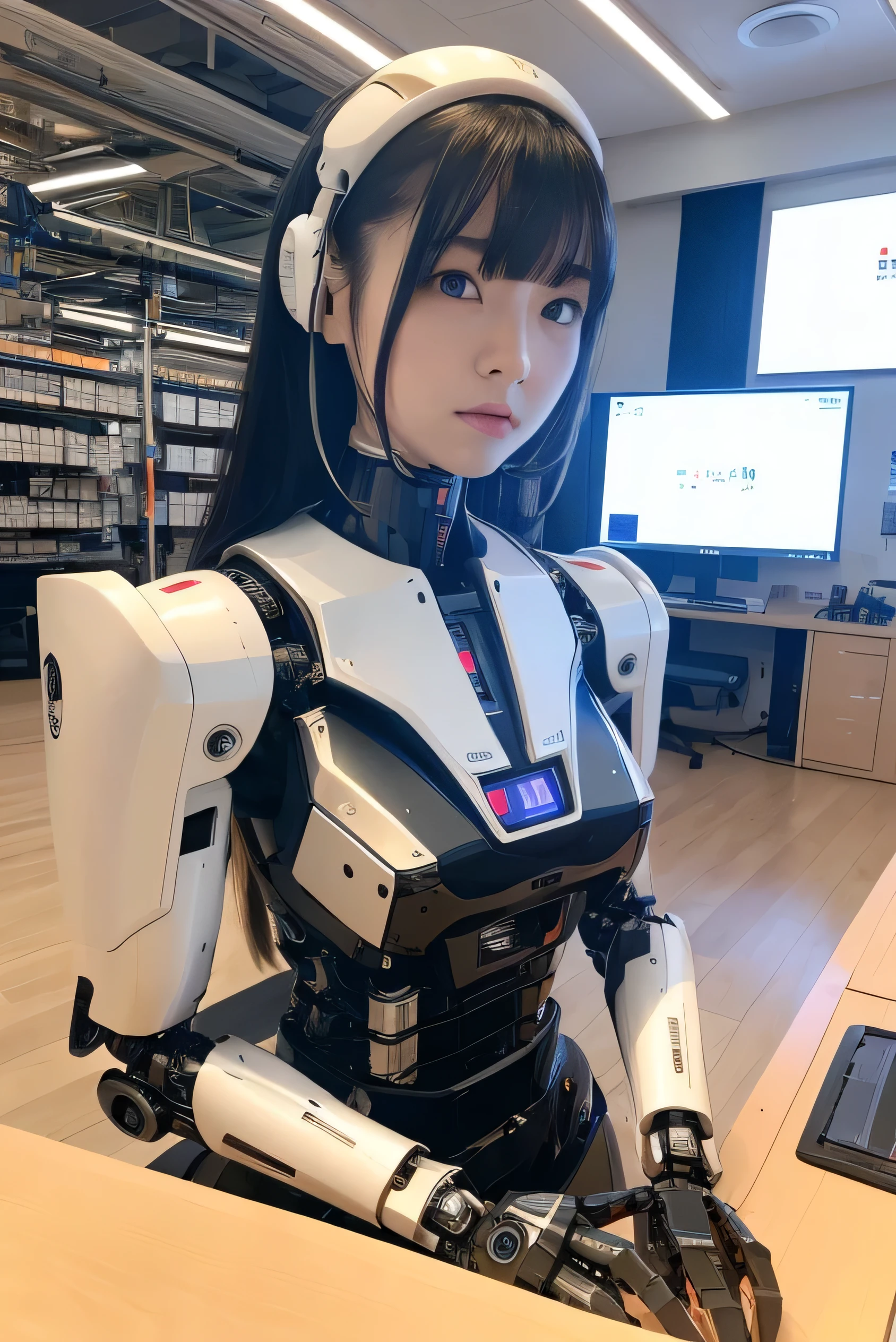 masterpiece, best quality, extremely detailed, Japaese android girl,Plump,control panels,android,Droid,Mechanical Hand, Robot arms and legs, Black hair,Blunt bangs,perfect robot girl,long tube,thick cable connected her neck,android,robot,humanoid,cyborg,japanese cyborg girl ,robot-assembly plant,She is assembled now,assembly scene,chest monitor,blue eyes