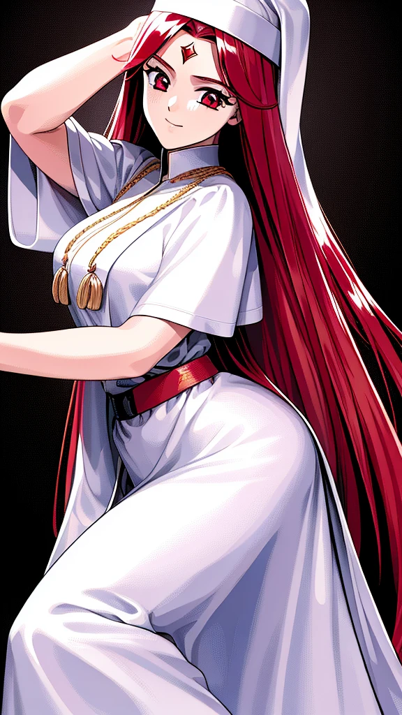 best quality,highly detailed,masterpiece,ultra-detailed,illustration,long hair,red hair, nun, 1 girl,red eyes, extremely detailed CG unity 8k wallpaper, highres, colorful,galgame,Standing picture, White background,Front view