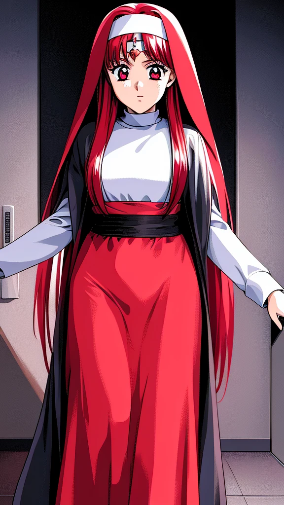 best quality,highly detailed,masterpiece,ultra-detailed,illustration,long hair,red hair, nun, 1 girl,red eyes, extremely detailed CG unity 8k wallpaper, highres, colorful,galgame,Standing picture, White background,Front view