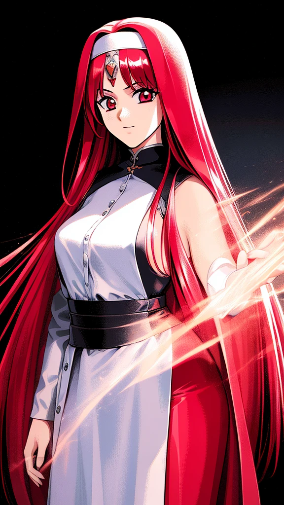 best quality,highly detailed,masterpiece,ultra-detailed,illustration,long hair,red hair, nun, 1 girl,red eyes, extremely detailed CG unity 8k wallpaper, highres, colorful,galgame,Standing picture, White background,Front view