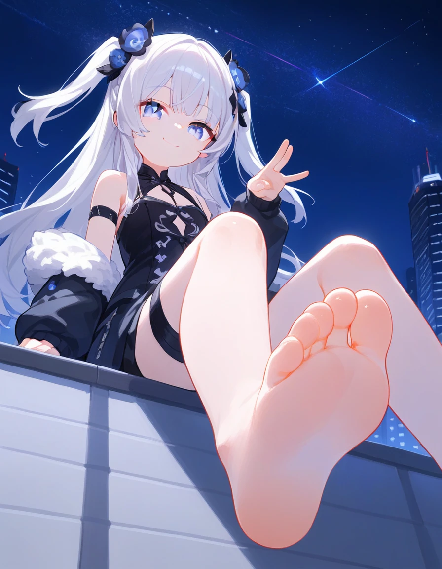 score 9, score 8 up, score 7 up, 1girl, solo, looking at viewer, smile, fur trim, bare shoulders, hair ornament, bangs, off shoulder, closed mouth, sleeveless, hand up, blurry, from below, low angle, ground level, foot focus, good feet, two side up, white hair, hair flower,night, night sky, rooftop, sky, skyscraper, stage, star sky, starry sky, 