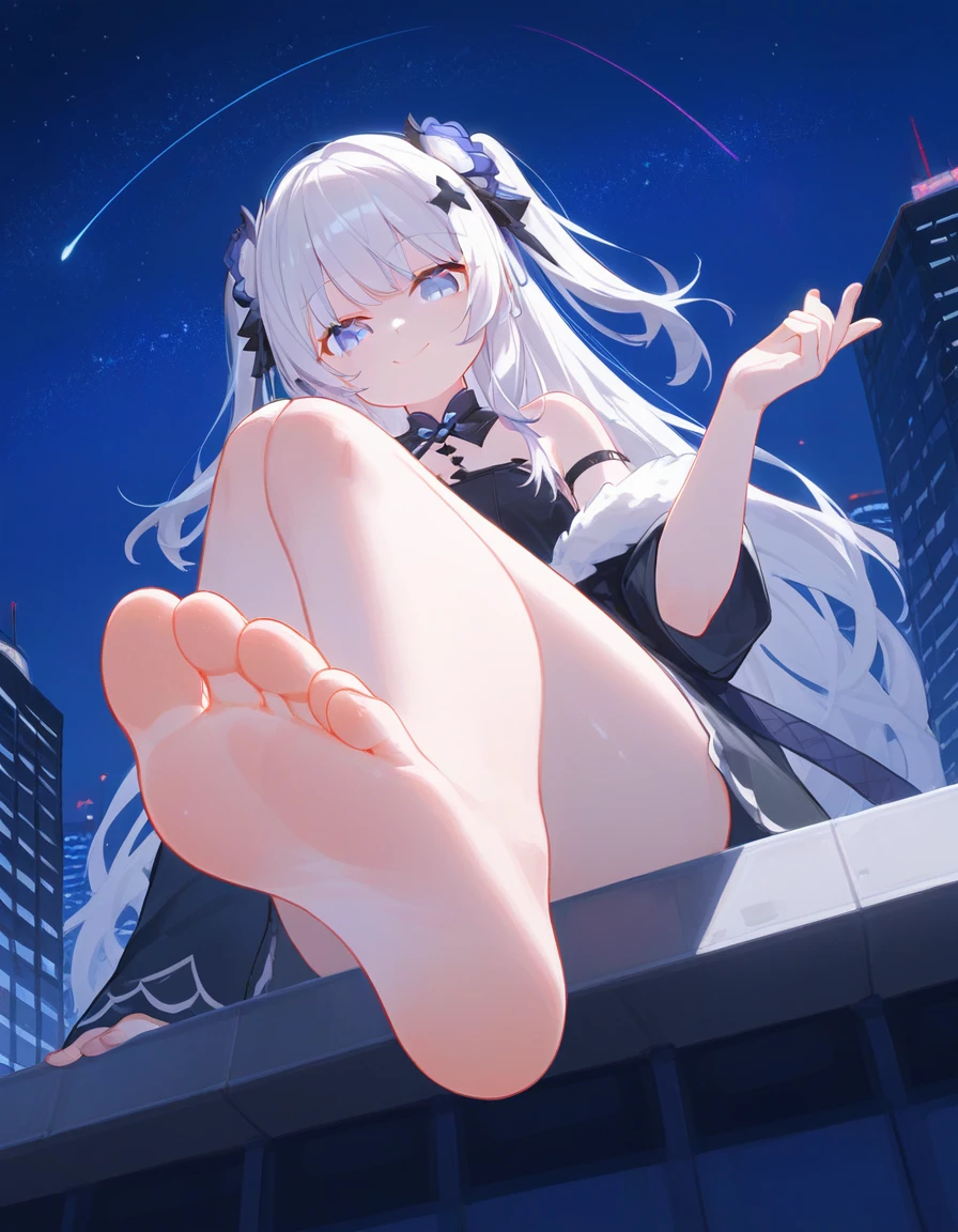 score 9, score 8 up, score 7 up, 1girl, solo, looking at viewer, smile, fur trim, bare shoulders, hair ornament, bangs, off shoulder, closed mouth, sleeveless, hand up, blurry, from below, low angle, ground level, foot focus, good feet, two side up, white hair, hair flower,night, night sky, rooftop, sky, skyscraper, stage, star sky, starry sky, 