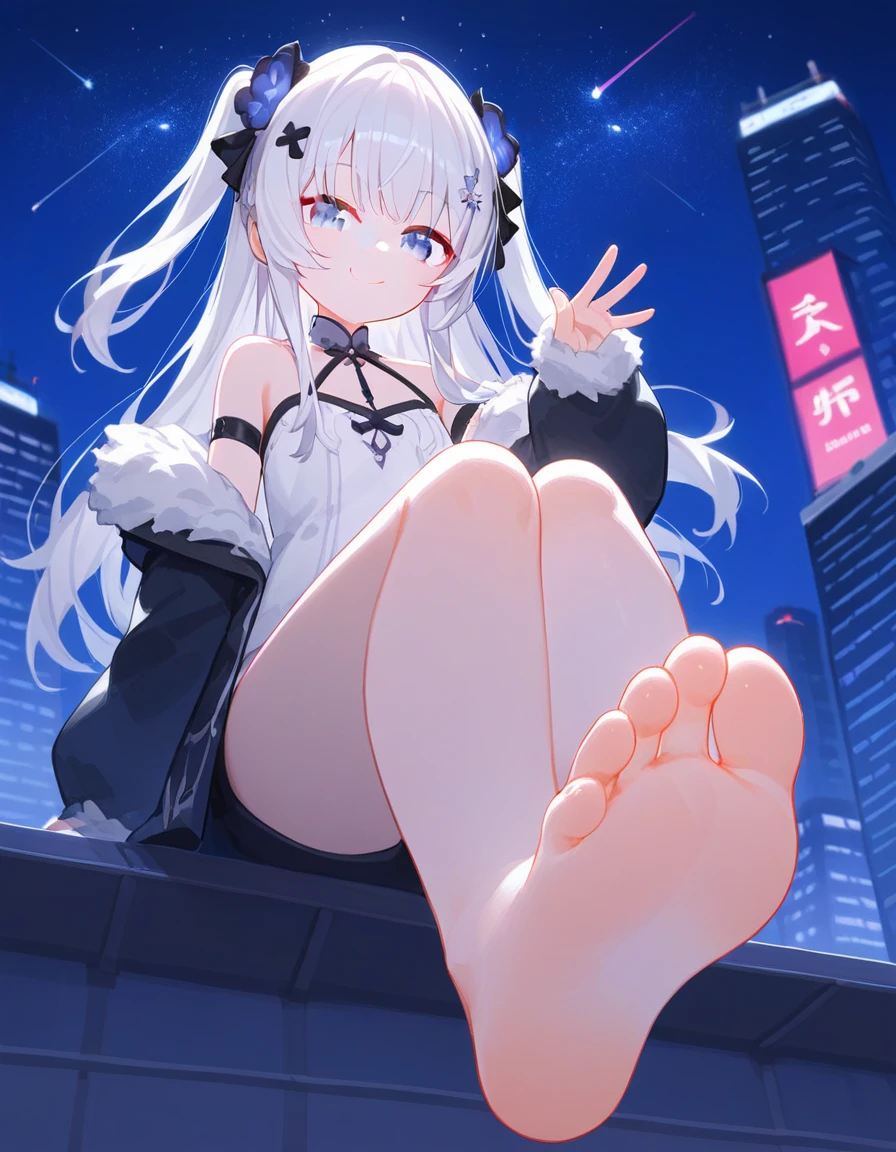 score 9, score 8 up, score 7 up, 1girl, solo, looking at viewer, smile, fur trim, bare shoulders, hair ornament, bangs, off shoulder, closed mouth, sleeveless, hand up, blurry, from below, low angle, ground level, foot focus, good feet, two side up, white hair, hair flower,night, night sky, rooftop, sky, skyscraper, stage, star sky, starry sky, 