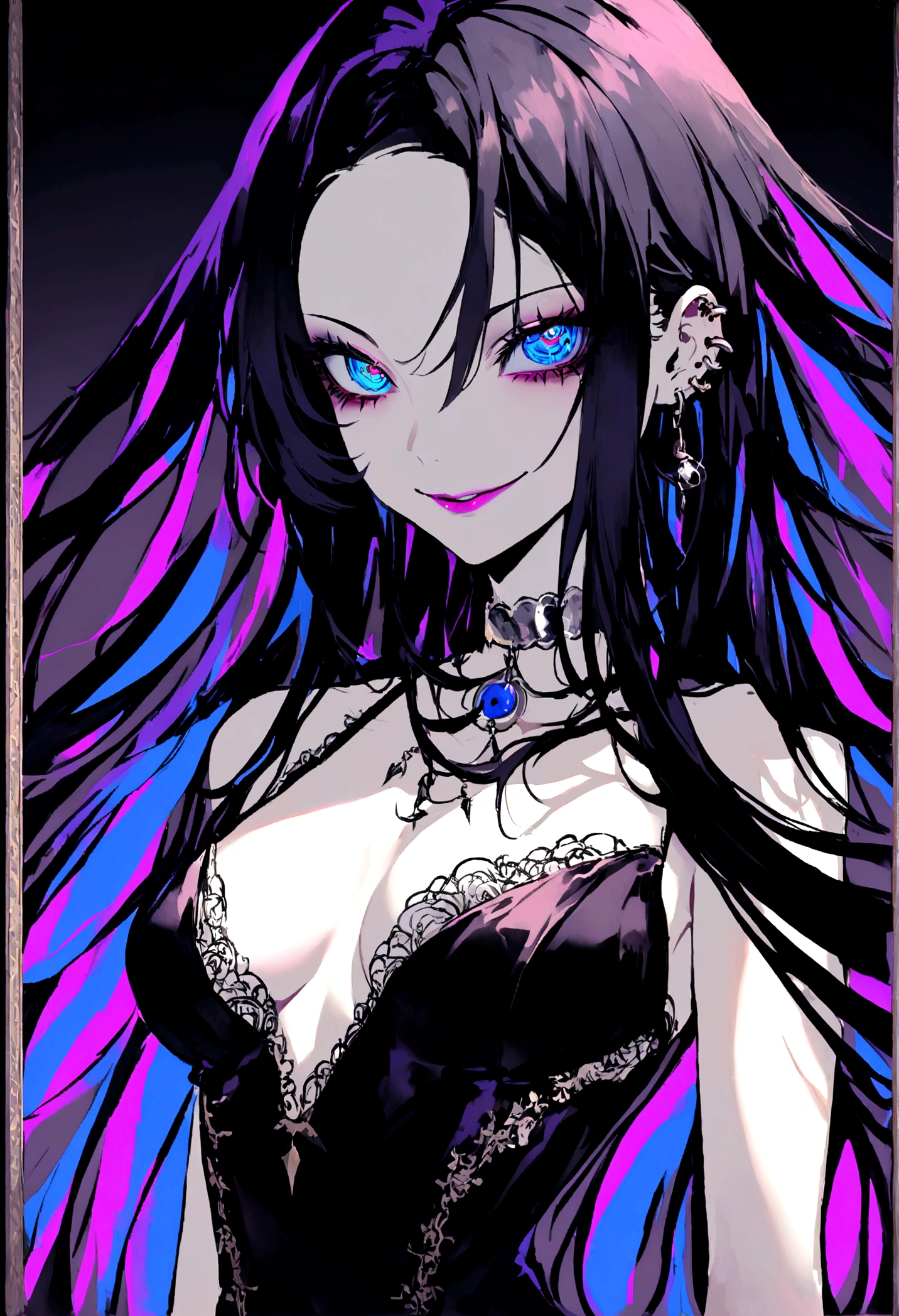 woman, pirate clothes, long wavy raven black hair. Piercing blue eyes. Hypnotic eyes. evil smile, seductive smile, slender and alluring body, alluring clothes. Silver chocker