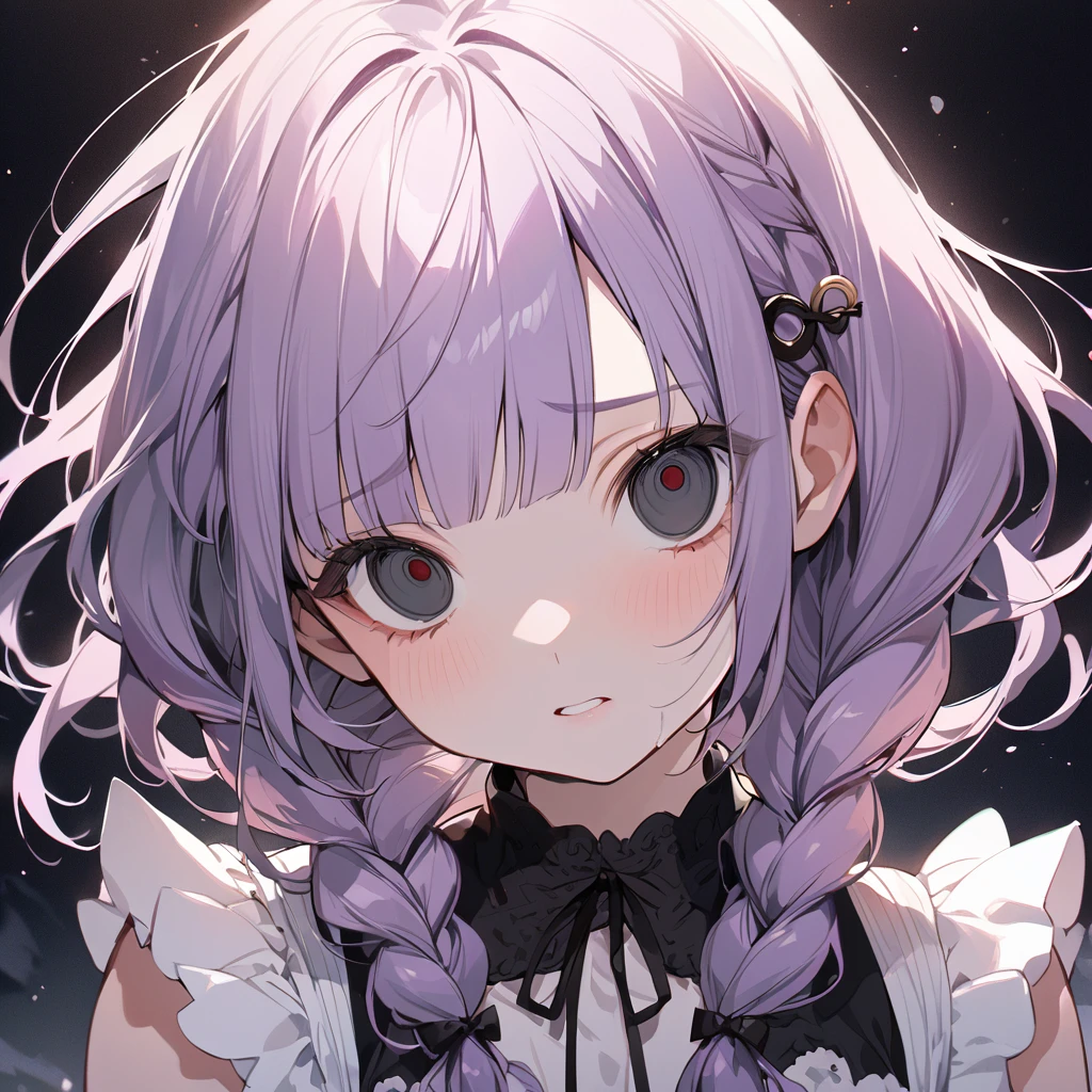 masterpiece, ultra detailed, 8K, full body shot,, a girl, kawaii, light atmosphere, (Cute a girl:1.5), (a girl with closs hair pin, pale purple hair, wavy two braids, blunt bangs hair, green and black eyes empty eyes, yandere, portrait:1.4), anime visual, (tilt head:1.3), extremely delicate face, realistic lighting and shading, (an extremely delicate and beautiful art:1.3),Watercolor painting, a girl, Slender girl with small breasts, Black maid dress, Big tears spill from my eyes,