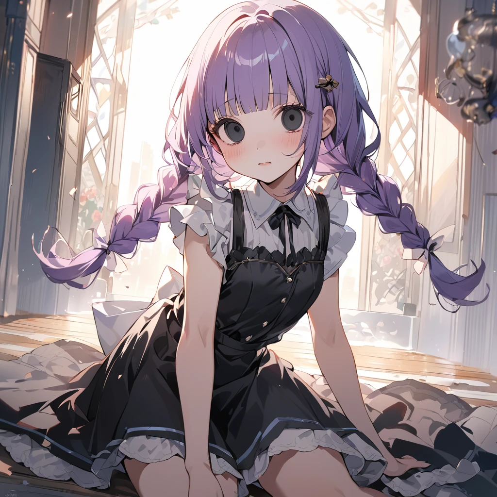 masterpiece, ultra detailed, 8K, full body shot,, a girl, kawaii, light atmosphere, (Cute a girl:1.5), (a girl with closs hair pin, pale purple hair, wavy two braids, blunt bangs hair, green and black eyes empty eyes, yandere, portrait:1.4), anime visual, (tilt head:1.3), extremely delicate face, realistic lighting and shading, (an extremely delicate and beautiful art:1.3),Watercolor painting, a girl, Slender girl with small breasts, Black maid dress, Big tears spill from my eyes,