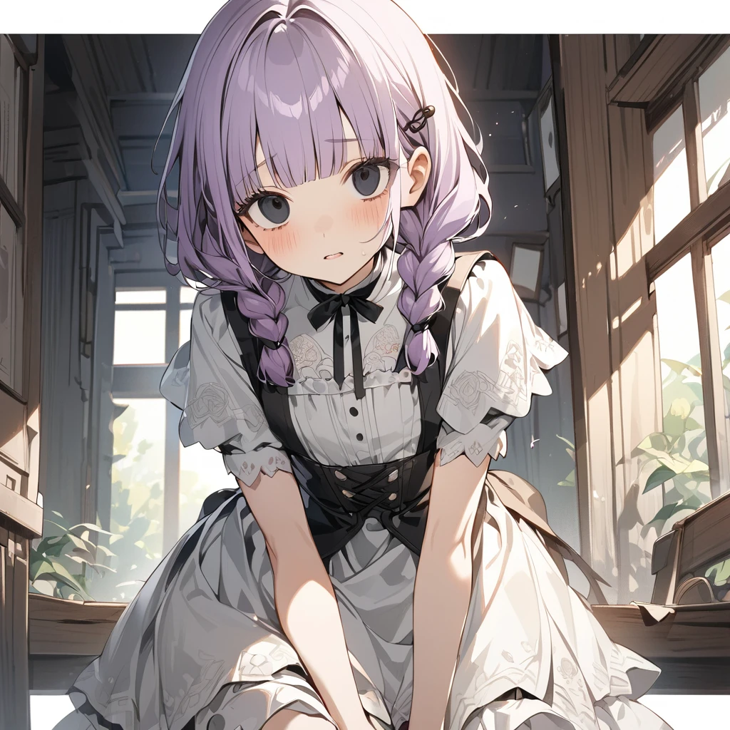 masterpiece, ultra detailed, 8K, full body shot,, a girl, kawaii, light atmosphere, (Cute a girl:1.5), (a girl with closs hair pin, pale purple hair, wavy two braids, blunt bangs hair, green and black eyes empty eyes, yandere, portrait:1.4), anime visual, (tilt head:1.3), extremely delicate face, realistic lighting and shading, (an extremely delicate and beautiful art:1.3),Watercolor painting, a girl, Slender girl with small breasts, Black maid dress, Big tears spill from my eyes,