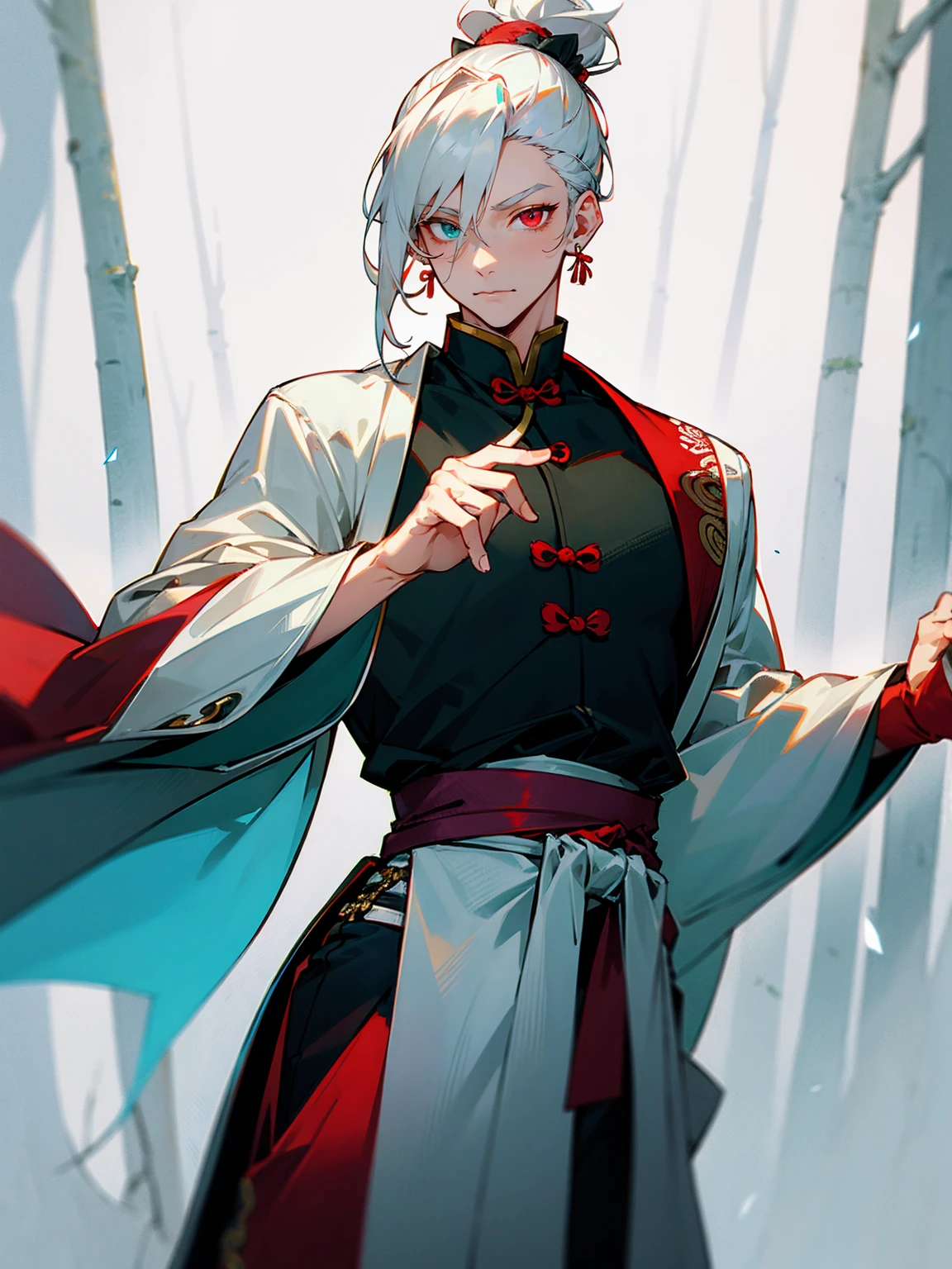 1male, white hair, heterochromia, top knot, chinese outfit, earrings, tied to waist, forest