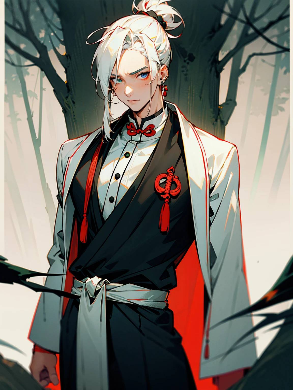 1male, white hair, heterochromia, top knot, chinese outfit, earrings, tied to waist, forest