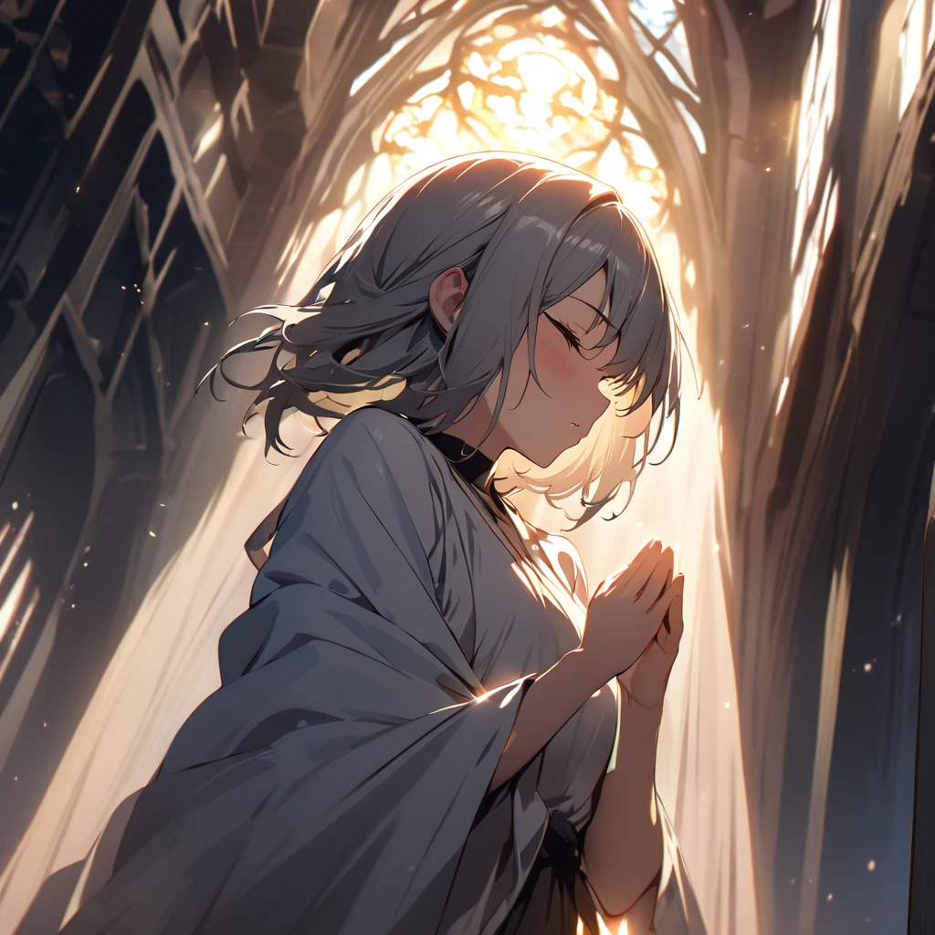 Top quality, masterpiece, girl wrapped in shadow, dazzling light effect from heaven, praying