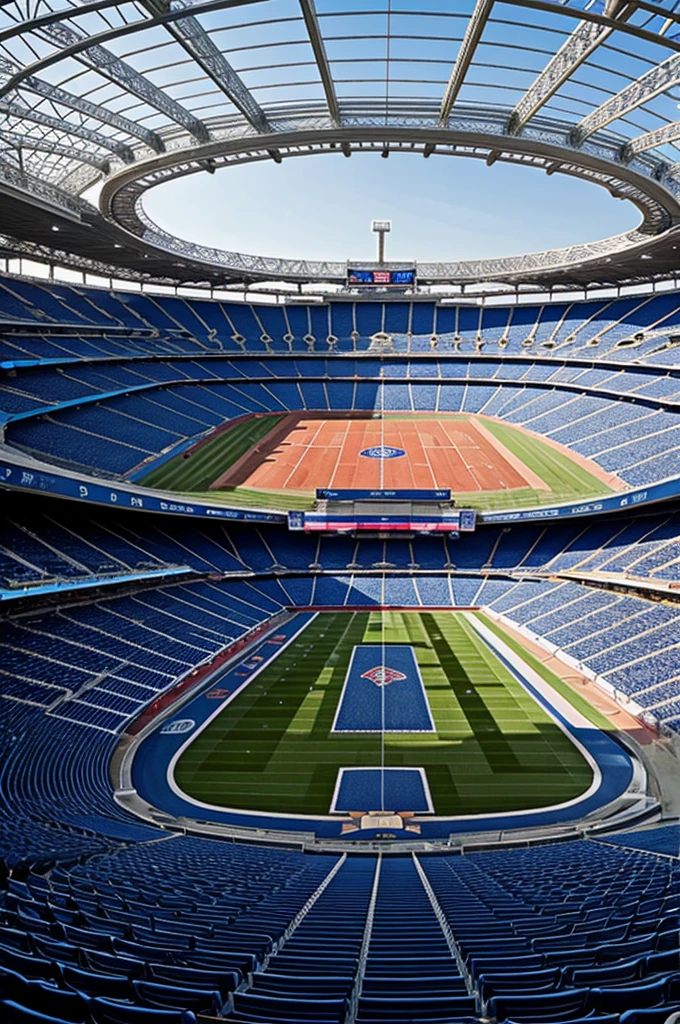 A stadium in a very big and blue crown ,