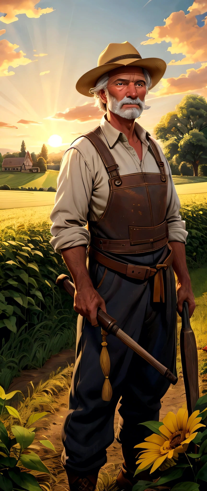 Sure, here is the revised prompt with a European name:
---
A small, picturesque village with lush green fields and quaint houses. In the middle of a field with golden crops swaying in the gentle breeze, a middle-aged farmer named Thomas stands. He has a weathered face and a kind expression, wearing simple, traditional European farming clothes. Thomas's eyes are deep-set, reflecting years of hard work, and his hands are calloused. He holds a farming tool. The sun is setting in the background, casting a warm, golden hue over the scene. Thomas's expression is one of contentment and dedication as he surveys his land, embodying the spirit of hard work and integrity.
---