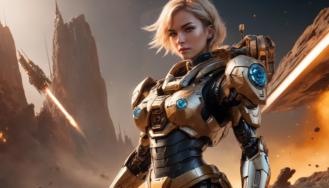 a female mech warrior in battle on a moon in space, full body shot, action shot, a tough and beautiful female mech warrior, short blond hair, dynamic eye color, intent gaze, ultra detailed face, best detailed face, she wears mech armor, and massive sci-fi gun, in battle, outer space background, stars, vibrant, Ultra-high resolution, High Contrast, (masterpiece:1.5), highest quality, Best aesthetics), best details, best quality, highres, (ultra wide angle: 1.2), 16k, ultra detailed, masterpiece, best quality, (extremely detailed),aetherpunkai, Mechanical Creatures, lasgun