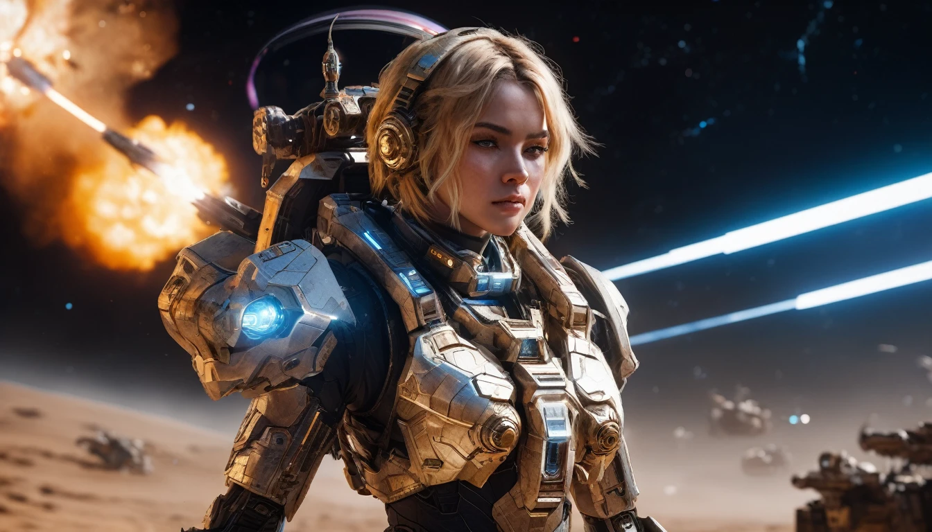 a female mech warrior in battle on a moon in space, full body shot, action shot, a tough and beautiful female mech warrior, short blond hair, dynamic eye color, intent gaze, ultra detailed face, best detailed face, she wears mech armor, and massive sci-fi gun, in battle, outer space background, stars, vibrant, Ultra-high resolution, High Contrast, (masterpiece:1.5), highest quality, Best aesthetics), best details, best quality, highres, (ultra wide angle: 1.2), 16k, ultra detailed, masterpiece, best quality, (extremely detailed),aetherpunkai, Mechanical Creatures, lasgun