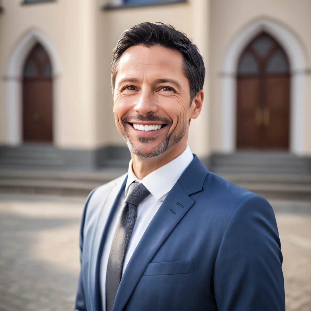 Make the image of an evangelical pastor preacher, 40 years old, handsome smiling black hair, short, wide smile, perfect teeth wearing a fashionable suit. Blue eyes and a divine light descending upon him. In the background a blurred church