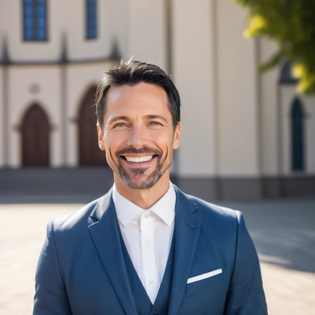 Make the image of an evangelical pastor preacher, 40 years old, handsome smiling black hair, short, wide smile, perfect teeth wearing a fashionable suit. Blue eyes and a divine light descending upon him. In the background a blurred church