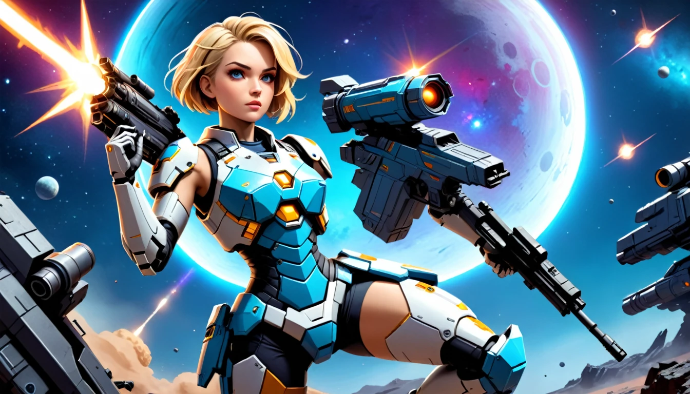 a female mech warrior in battle on a moon in space, full body shot, action shot, a tough and beautiful female mech warrior, short blond hair, dynamic eye color, intent gaze, ultra detailed face, best detailed face, she wears mech armor, and massive sci-fi gun, in battle, outer space background, stars, vibrant, Ultra-high resolution, High Contrast, (masterpiece:1.5), highest quality, Best aesthetics), best details, best quality, highres, (ultra wide angle: 1.2), 16k, ultra detailed, masterpiece, best quality, (extremely detailed),aetherpunkai, Mechanical Creatures, lasgun