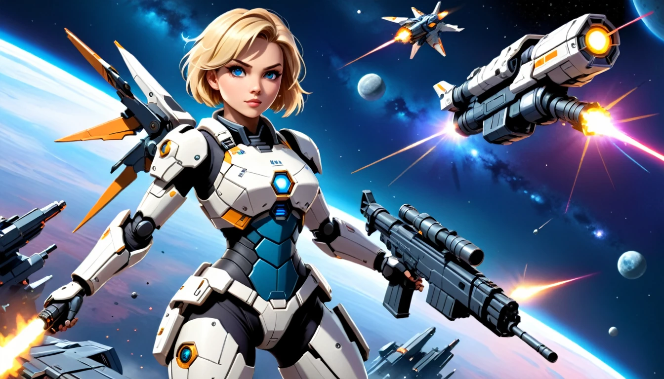 a female mech warrior in battle on a moon in space, full body shot, action shot, a tough and beautiful female mech warrior, short blond hair, dynamic eye color, intent gaze, ultra detailed face, best detailed face, she wears mech armor, and massive sci-fi gun, in battle, outer space background, stars, vibrant, Ultra-high resolution, High Contrast, (masterpiece:1.5), highest quality, Best aesthetics), best details, best quality, highres, (ultra wide angle: 1.2), 16k, ultra detailed, masterpiece, best quality, (extremely detailed),aetherpunkai, Mechanical Creatures, lasgun