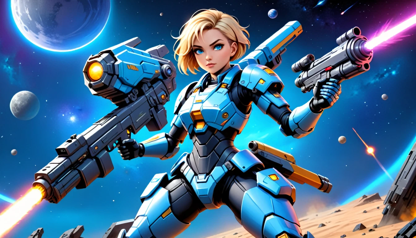 a female mech warrior in battle on a moon in space, full body shot, action shot, a tough and beautiful female mech warrior, short blond hair, dynamic eye color, intent gaze, ultra detailed face, best detailed face, she wears mech armor, and massive sci-fi gun, in battle, outer space background, stars, vibrant, Ultra-high resolution, High Contrast, (masterpiece:1.5), highest quality, Best aesthetics), best details, best quality, highres, (ultra wide angle: 1.2), 16k, ultra detailed, masterpiece, best quality, (extremely detailed),aetherpunkai, Mechanical Creatures, lasgun