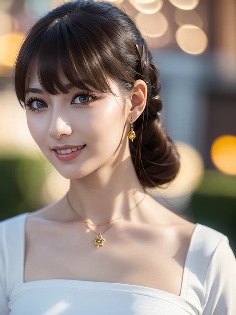 a beautiful young russian woman, detailed face, (high quality, 8k, hdr, studio lighting, physically-based rendering, professional, vivid colors, bokeh:1.2), photorealistic, stunning eyes, long eyelashes, flawless skin, light brown hair, tight waist, necklace, active posing, long hairstyle, vivid colors, masterpiece, best quality, confident expression, ultra-detailed, (realistic:1.37), beautiful figure, gorgeous lips, smile, office lady, (coffee break)
