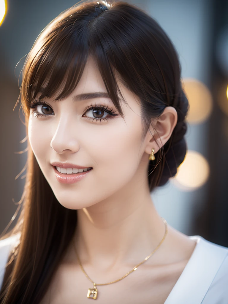 a beautiful young russian woman, detailed face, (high quality, 8k, hdr, studio lighting, physically-based rendering, professional, vivid colors, bokeh:1.2), photorealistic, stunning eyes, long eyelashes, flawless skin, light brown hair, tight waist, necklace, active posing, long hairstyle, vivid colors, masterpiece, best quality, confident expression, ultra-detailed, (realistic:1.37), beautiful figure, gorgeous lips, smile, office lady, (coffee break)