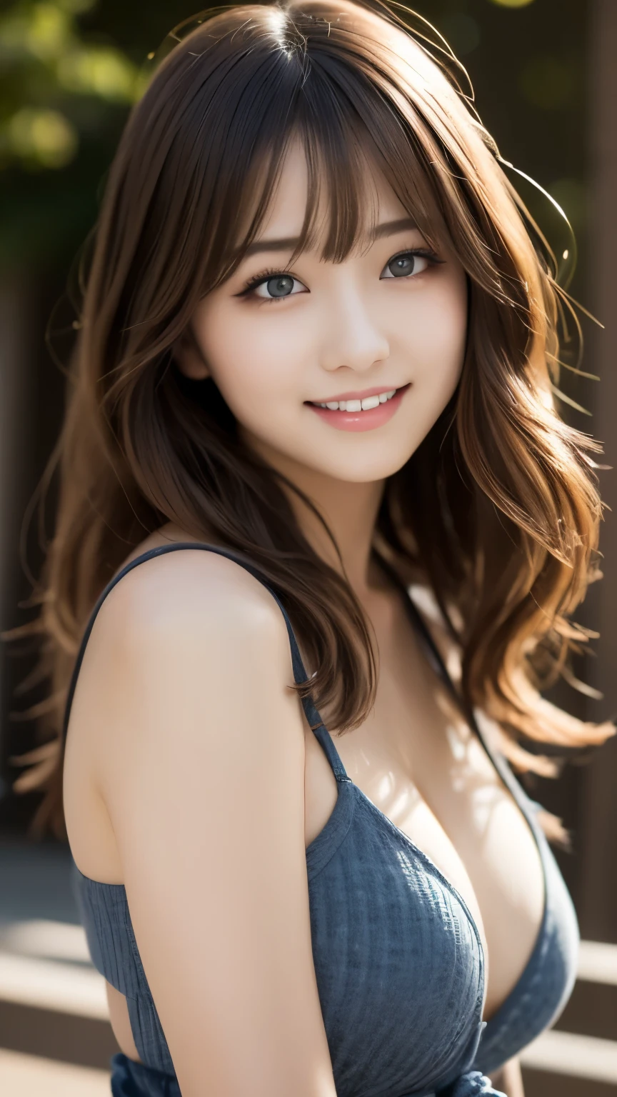 Tabletop, Highest quality, shape, Very detailed, finely, High resolution, 8k wallpaper, 完璧なダイナミックな構shape, Beautiful and beautiful eyes, Feminine girl fashion:1.1,Wavy Hair,Huge 、Natural color lip, Bold sexy pose,smile,Harajuku、20-year-old girl、cute、sexy shot looking at camera、Waist up shot、Outdoor soft natural light