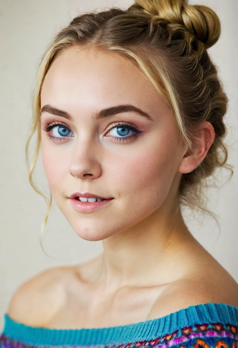 an eye contact of a brunette with hair in a bun, blue colored eyes, ((annasophia robb)) 18 years old, flirting with the camera, necklase, Off The Shoulder, colorful sweater, topless