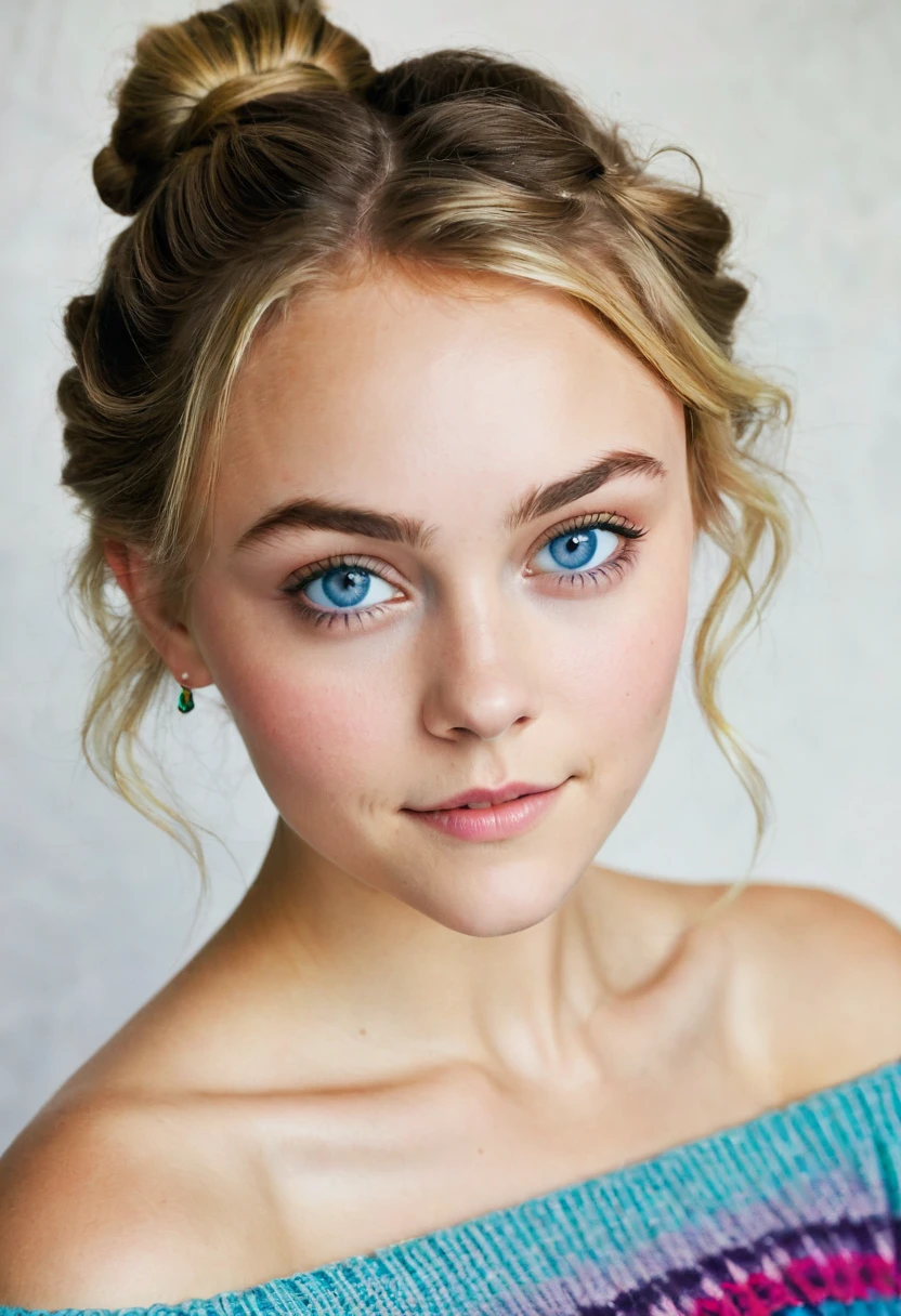 an eye contact of a brunette with hair in a bun, blue colored eyes, ((annasophia robb)) 18 years old, flirting with the camera, necklase, Off The Shoulder, colorful sweater, ???????