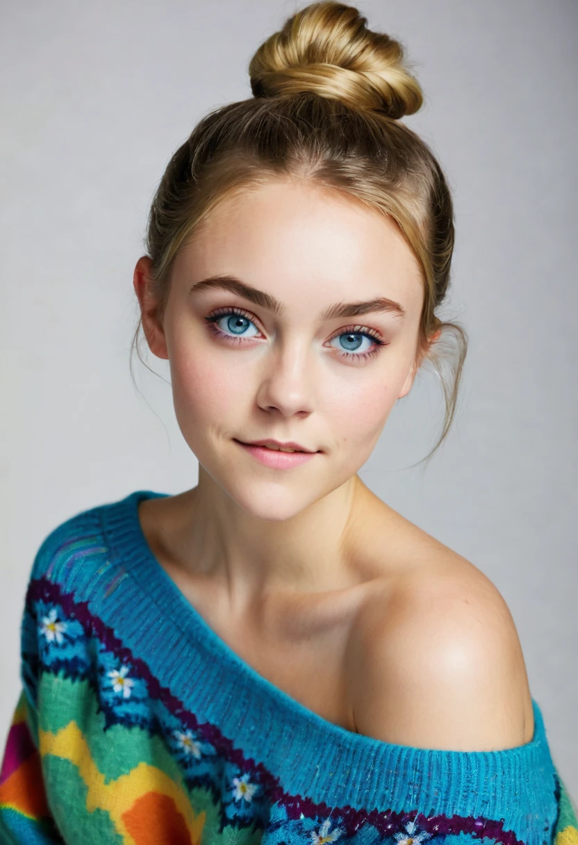 an eye contact of a brunette with hair in a bun, blue colored eyes, ((annasophia robb)) 18 years old, flirting with the camera, necklase, Off The Shoulder, colorful sweater, topless