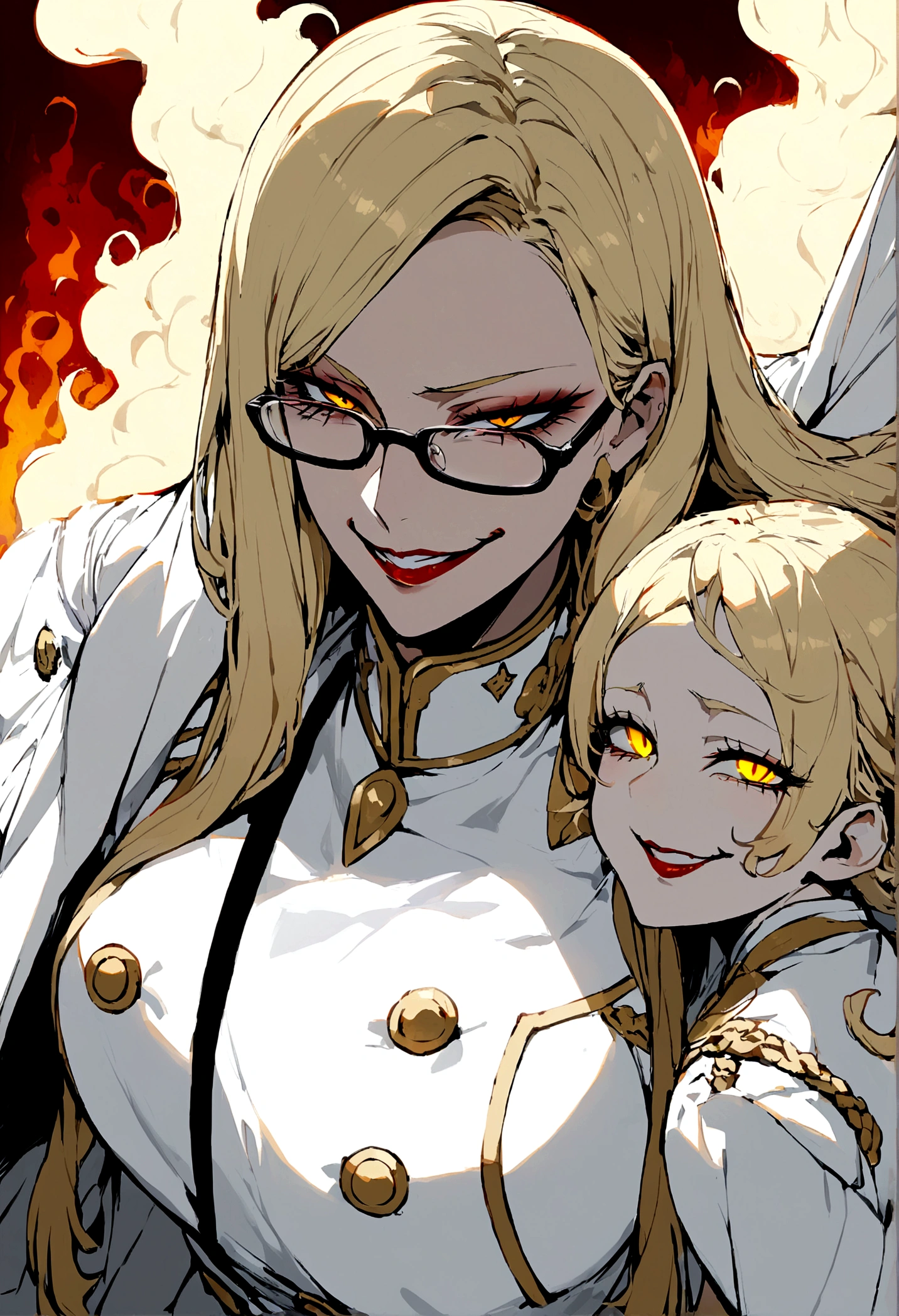 tall woman, volumptious boy, long blonde hair, glasses, seductive smile, evil smile, evil eyes, yellow eyes, white military uniform, white coat hanging on the shoulder