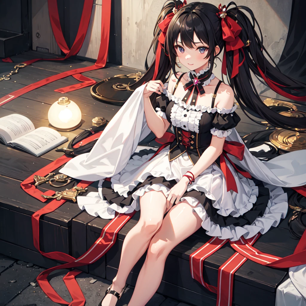 ((Highest quality)), ((masterpiece)), (detailed), One girl, Black frilly outfit, Clothes with ribbons, Half Twin Tail, 