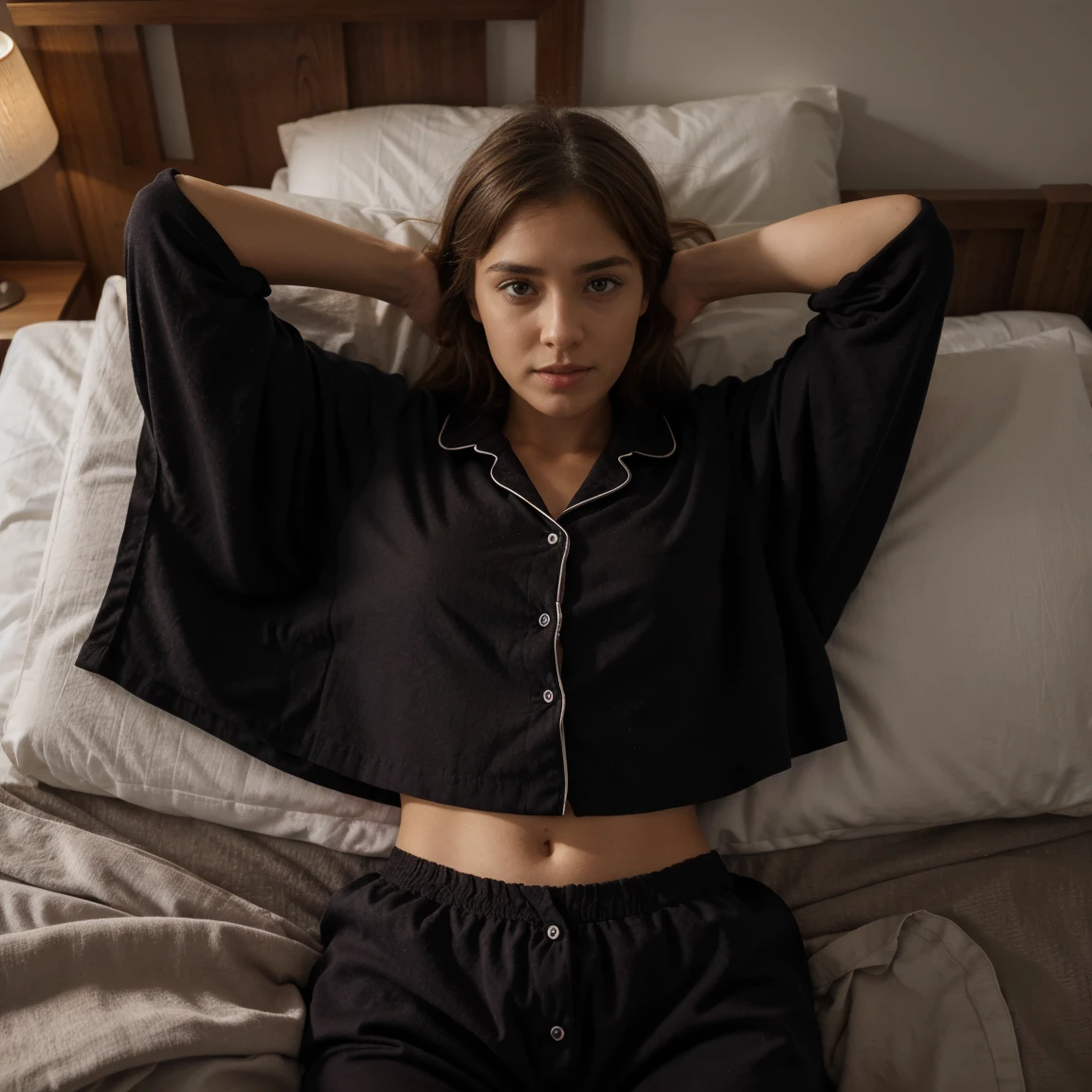 Lucie qui vient de se reveiller en pyjamas noir