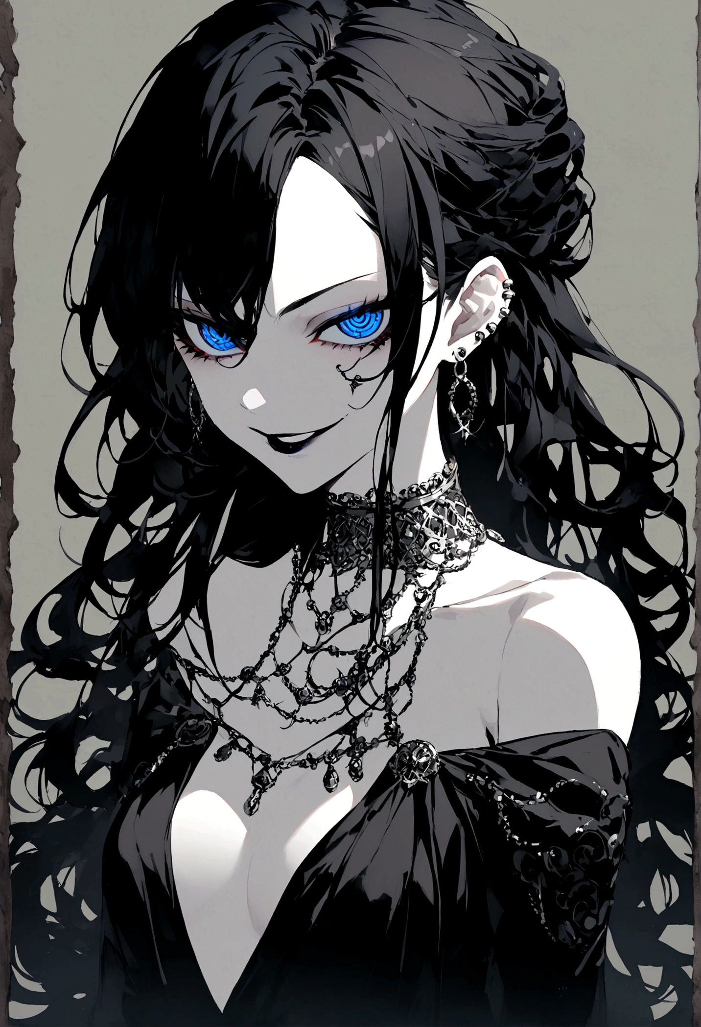woman, pirate clothes, long wavy raven black hair. Piercing blue eyes. Hypnotic eyes. evil smile, seductive smile, slender and alluring body. Silver chocker