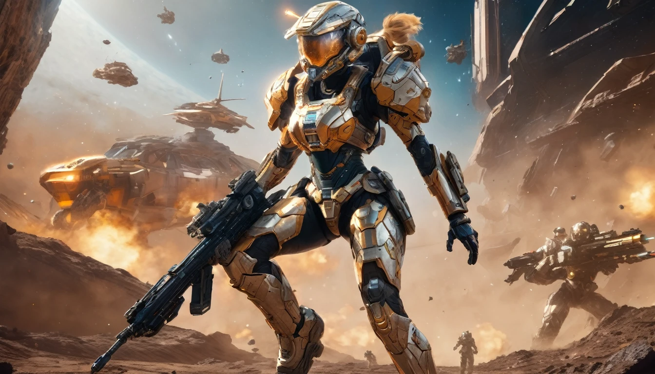 a female mech warrior in battle on a moon in space, full body shot, action shot, a tough and beautiful female mech warrior, short blond hair, dynamic eye color, intent gaze, ultra detailed face, best detailed face, she wears mech armor, and massive sci-fi gun, in battle, outer space background, stars, vibrant, Ultra-high resolution, High Contrast, (masterpiece:1.5), highest quality, Best aesthetics), best details, best quality, highres, (ultra wide angle: 1.2), 16k, ultra detailed, masterpiece, best quality, (extremely detailed),aetherpunkai, Mechanical Creatures, lasgun