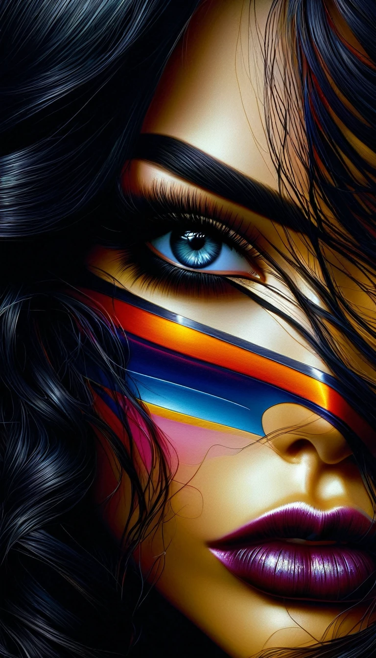 a woman with long black hair,beautiful detailed eyes,beautiful detailed lips,extremely detailed face,longeyelashes,wearing a tight bodysuit,seductive pose,dramatic lighting,chiaroscuro,cinematic composition,vibrant colors,masterpiece,painterly,oil painting,photorealistic,ultra-detailed,8k,best quality