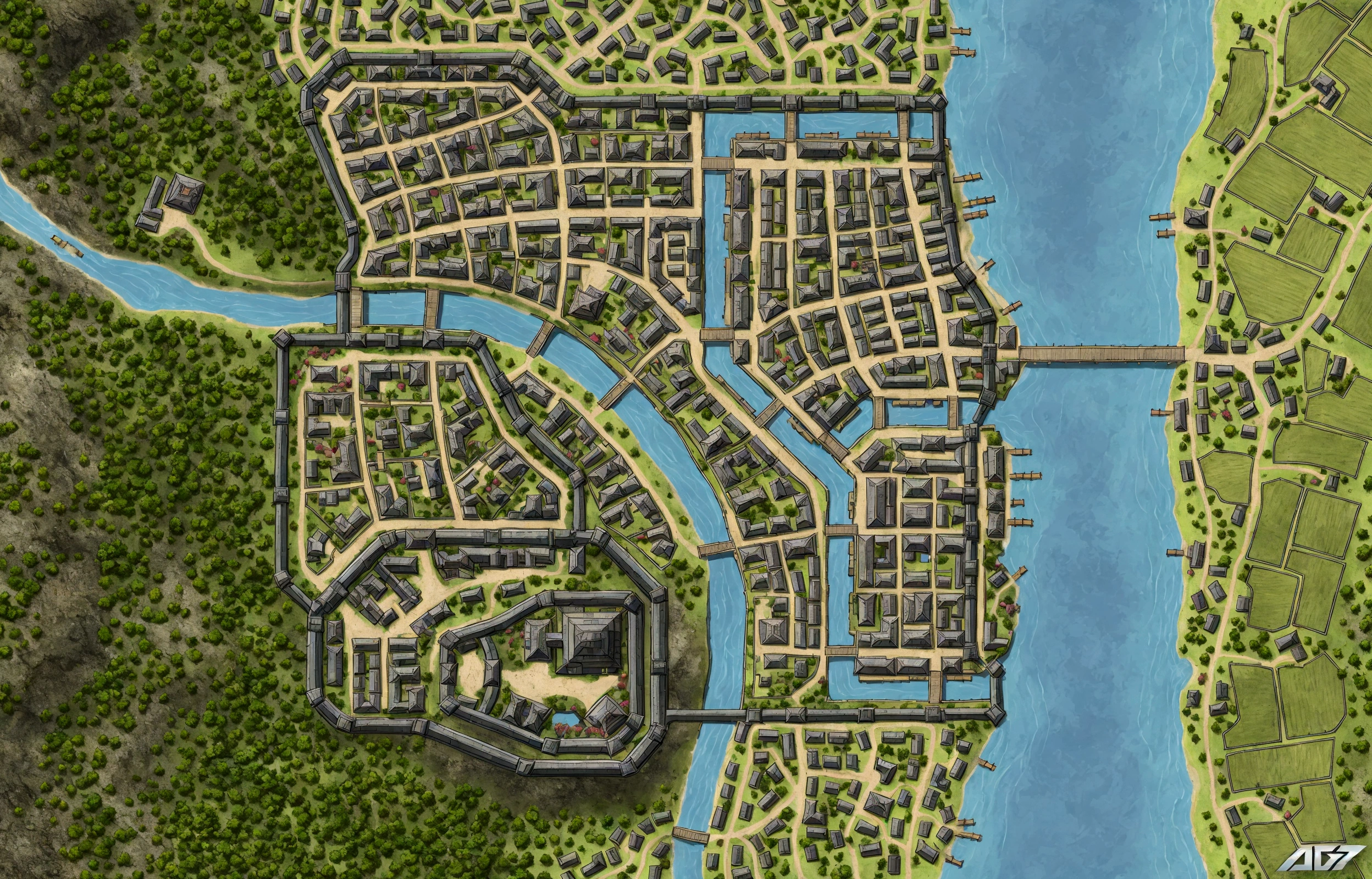 um mapa de uma cidade em ruins com muitas raízes sem plantas, destroyed, ruins, worries, vineyards, dead trees, medieval city map, Renaissance background of the port city, fantasy capital, flintlock fantasy capital, the streets of baldur's gate, medieval city, a medieval city, city map, detailed city, gaslight fantasy capital, steam office maps, small port village, medieval map of small town, fantasy city scenery