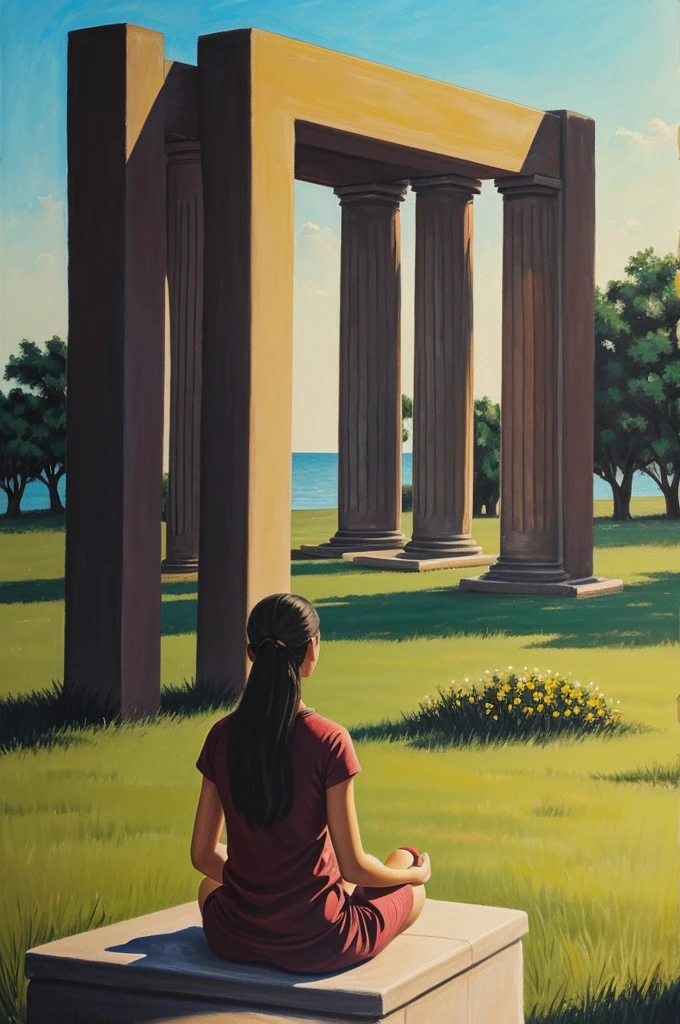Painting of a girl observing a monument to the horizon while meditating