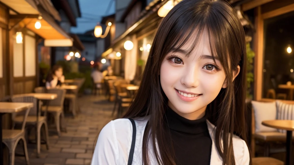 Cute girl working at a cafe terrace　Japanese　１９age　
Professional Lighting　Digital SLR　Beautiful and elaborate face　Perfect and beautiful face　Big eyes Smile