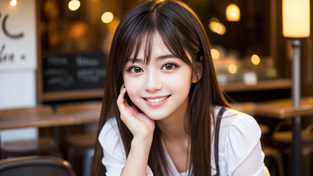 Cute girl working at a cafe terrace　Japanese　１９age　
Professional Lighting　Digital SLR　Beautiful and elaborate face　Perfect and beautiful face　Big eyes Smile