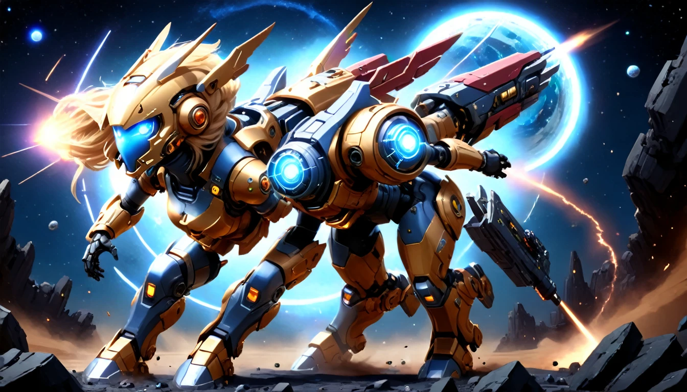 a female mech warrior in battle on a moon in space, full body shot, action shot, a tough and beautiful female mech warrior, short blond hair, dynamic eye color, intent gaze, ultra detailed face, best detailed face, she wears mech armor, and massive sci-fi gun, in battle, outer space background, stars, vibrant, Ultra-high resolution, High Contrast, (masterpiece:1.5), highest quality, Best aesthetics), best details, best quality, highres, (ultra wide angle: 1.2), 16k, ultra detailed, masterpiece, best quality, (extremely detailed),aetherpunkai, Mechanical Creatures,