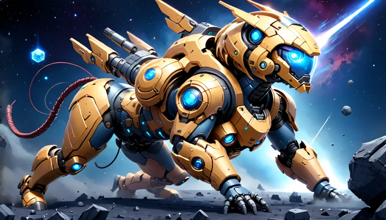 a female mech warrior in battle on a moon in space, full body shot, action shot, a tough and beautiful female mech warrior, short blond hair, dynamic eye color, intent gaze, ultra detailed face, best detailed face, she wears mech armor, and massive sci-fi gun, in battle, outer space background, stars, vibrant, Ultra-high resolution, High Contrast, (masterpiece:1.5), highest quality, Best aesthetics), best details, best quality, highres, (ultra wide angle: 1.2), 16k, ultra detailed, masterpiece, best quality, (extremely detailed),aetherpunkai, Mechanical Creatures,