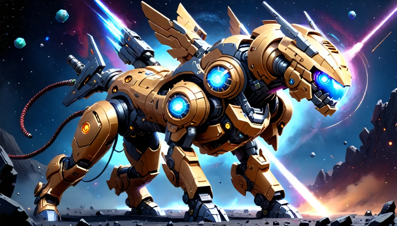 a female mech warrior in battle on a moon in space, full body shot, action shot, a tough and beautiful female mech warrior, short blond hair, dynamic eye color, intent gaze, ultra detailed face, best detailed face, she wears mech armor, and massive sci-fi gun, in battle, outer space background, stars, vibrant, Ultra-high resolution, High Contrast, (masterpiece:1.5), highest quality, Best aesthetics), best details, best quality, highres, (ultra wide angle: 1.2), 16k, ultra detailed, masterpiece, best quality, (extremely detailed),aetherpunkai, Mechanical Creatures, 