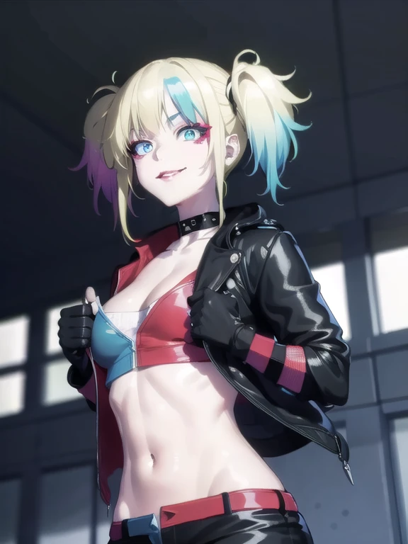 harleyquinn, harley quinn, bangs, blue eyes, blonde hair, twintails, blue hair, multicolored hair, choker, gradient hair, makeup, piercing, pink hair, lips, lipstick, red lips, smile, grin,
BREAK thighhighs, gloves, navel, cleavage, jewelry, jacket, open clothes, shorts, black gloves, midriff, black thighhighs, fingerless gloves, collar, bracelet, open jacket, black jacket, crop top, torn clothes, short shorts, tattoo, chain, spikes, cropped jacket, spiked bracelet, spiked collar, micro shorts, multicolored jacket,
BREAK looking at viewer, full body,
BREAK outdoors,
BREAK (masterpiece:1.2), best quality, high resolution, unity 8k wallpaper, (illustration:0.8), (beautiful detailed eyes:1.6), extremely detailed face, perfect lighting, extremely detailed CG, (perfect hands, perfect anatomy),