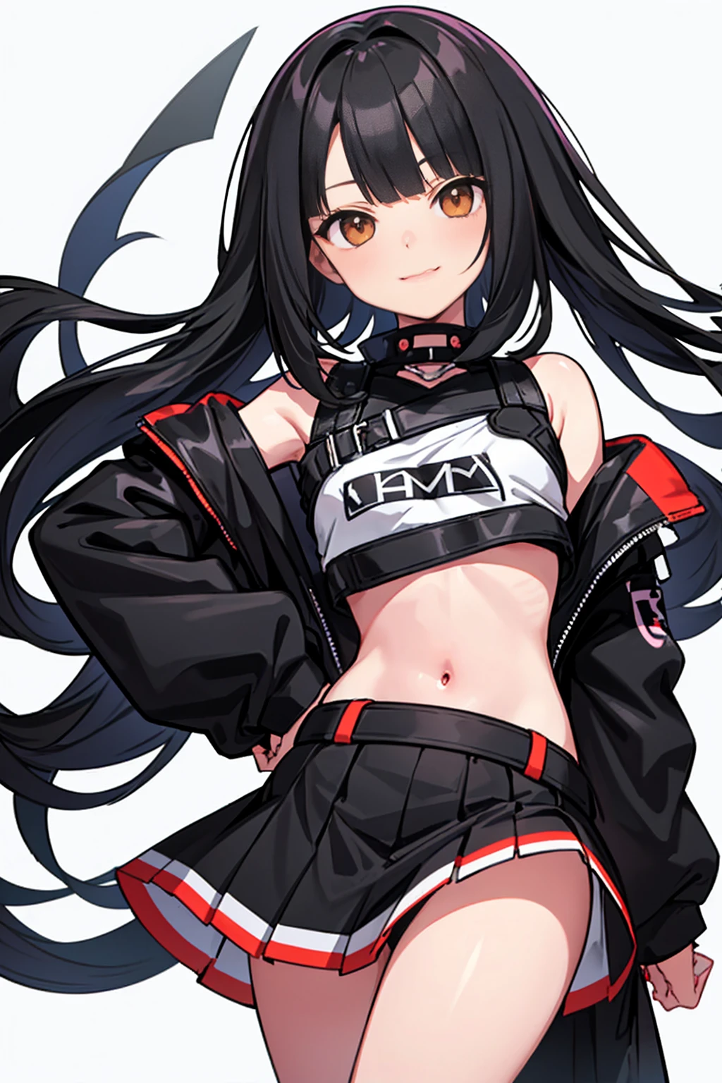 whole body,Standing posture, (Black Hair,Trimmed bangs,Hime cut,) (Small breasts,Teenage Girl,), (Cute face:1.2) (Punk Fashion,Low rise,) smug face,(White background)