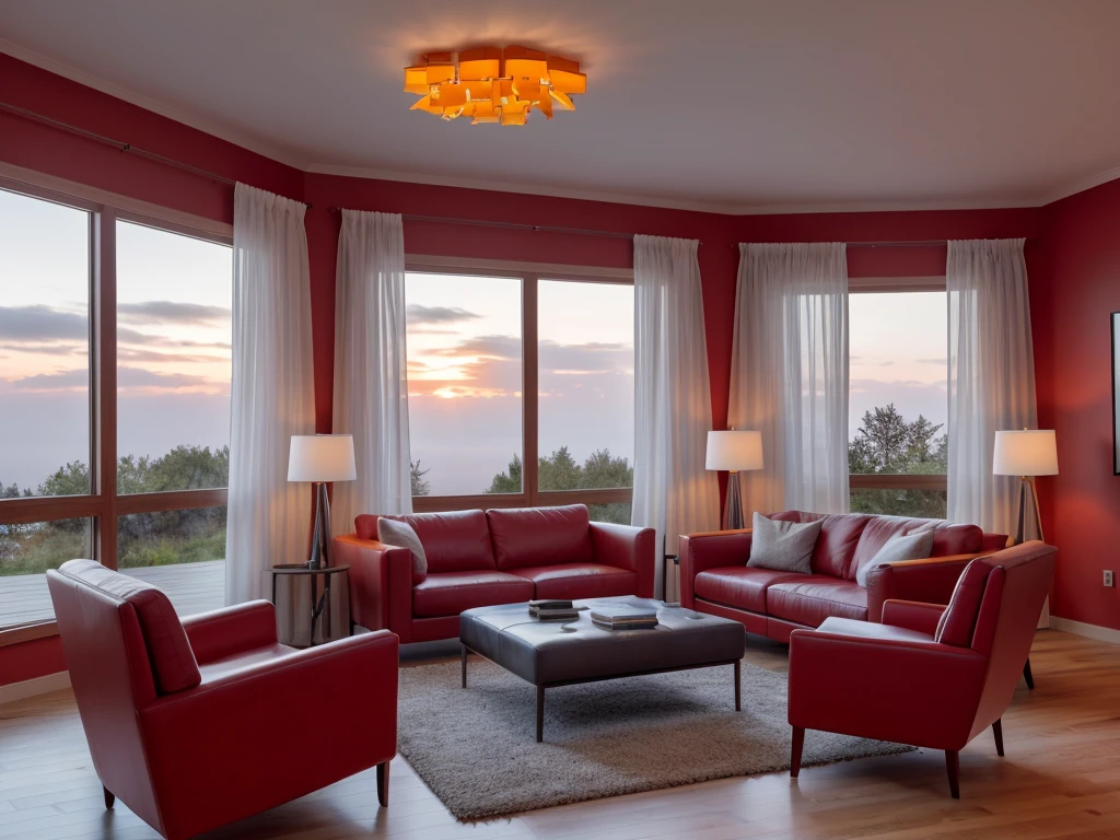 8k quality; Stunning view of a living room; contemporary style, with various furniture in brightly colored leather, very polished and shiny dark wood carpentry, contemporary lamps, decoration with abstract paintings, natural lighting and mist through large windows with white curtains blowing in the wind, at sunset with reddish clouds in the background