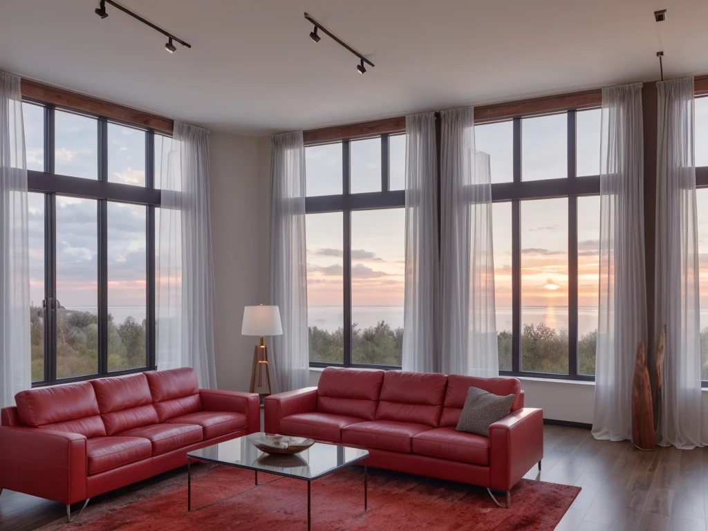 8k quality; Stunning view of a living room; contemporary style, with various furniture in brightly colored leather, very polished and shiny dark wood carpentry, contemporary lamps, decoration with abstract paintings, natural lighting and mist through large windows with white curtains blowing in the wind, at sunset with reddish clouds in the background