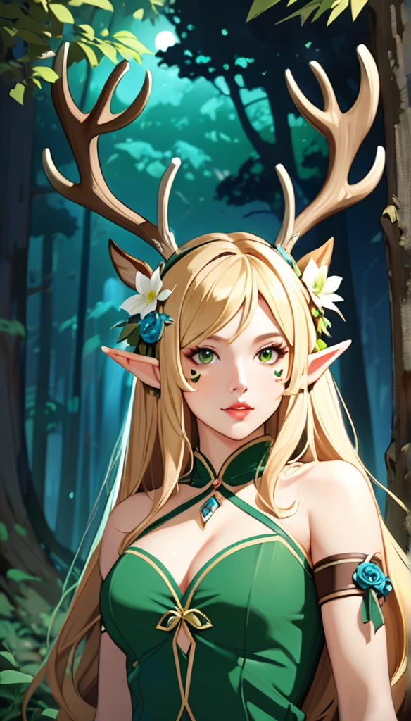 1girl, solo, long hair, breasts, blonde right eye, brown green eyes, used, brown left, hair ornament, elf ear, bare shoulders, medium breasts, upper body, flower, butter blonde hair, parted lips, hair flower, side, lips, facial mark, bracelet, deer antlers, in the forest, night trees,