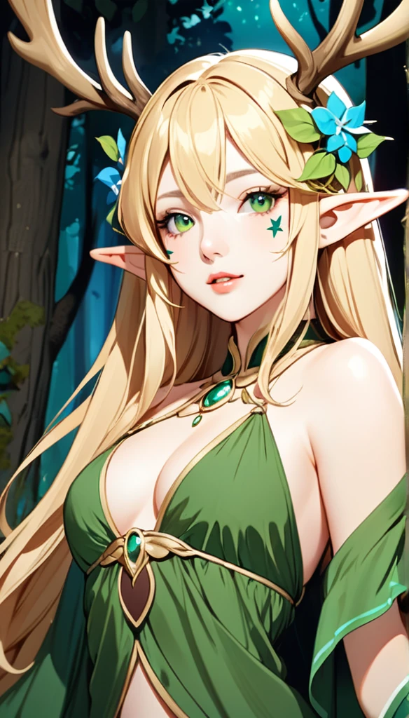 1girl, solo, long hair, , blonde right eye, brown green eyes, used, brown left, hair ornament, elf ear, bare shoulders, medium breasts body, flower, butter blonde , parted lips, hair flower, side, lips, facial mark, bracelet, deer antlers, in the forest, night trees,
